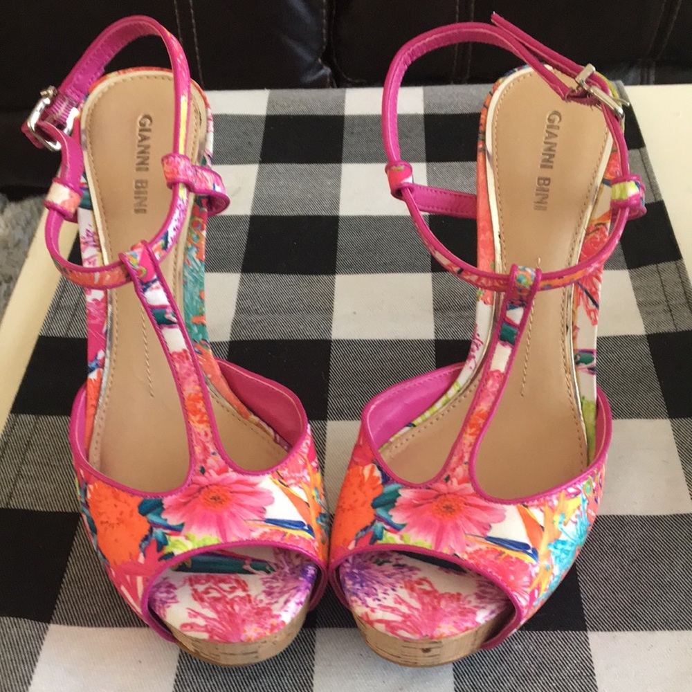 Gianni Bini Bright Pink and Orange Floral T-Strap Platform Heels